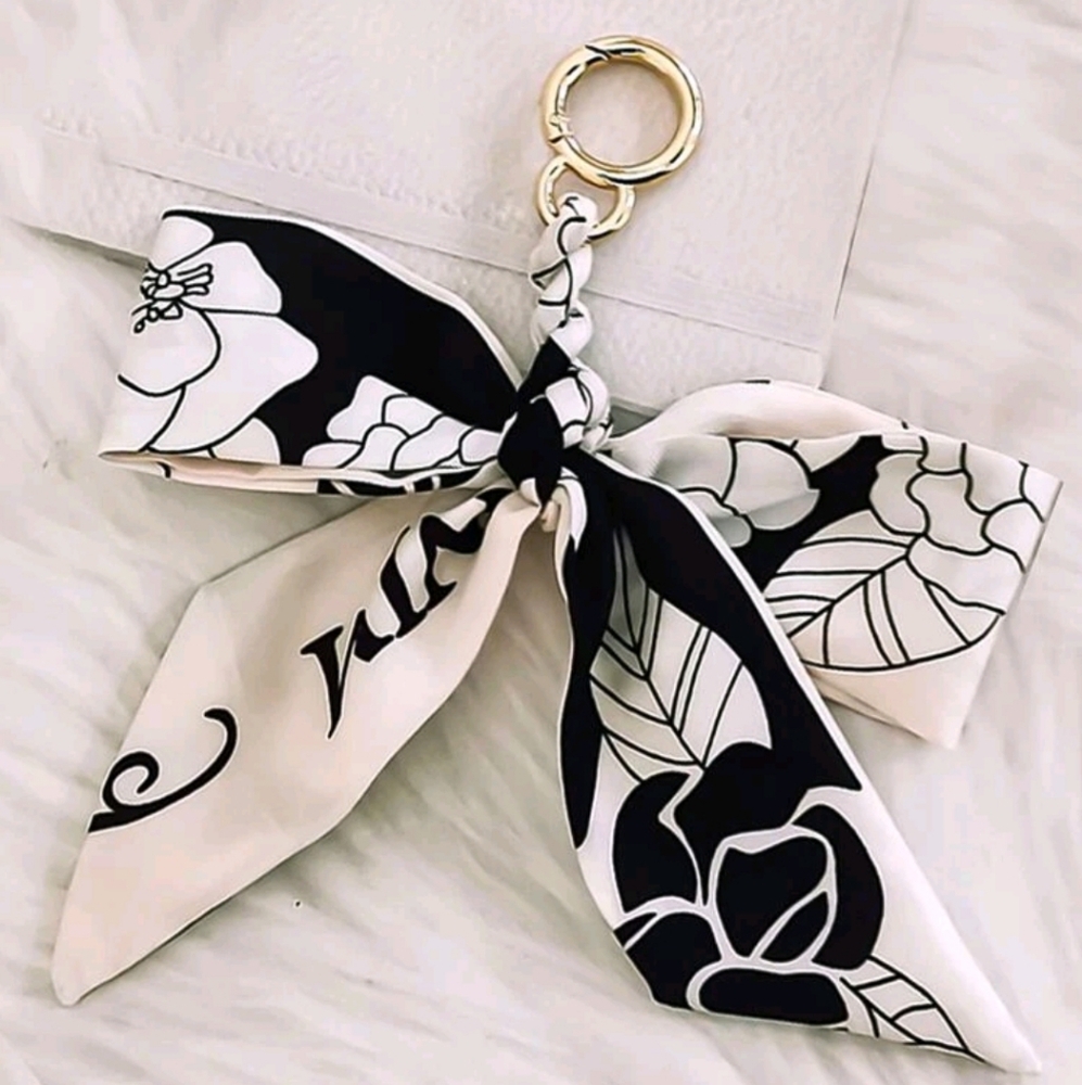 Floral Black and White Silk Bow Purse Charm/Keychain